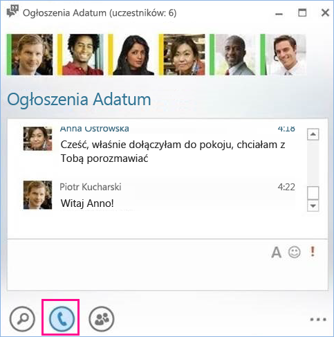 Zrzut ekranu: przycisk połączenia pokoju rozmów