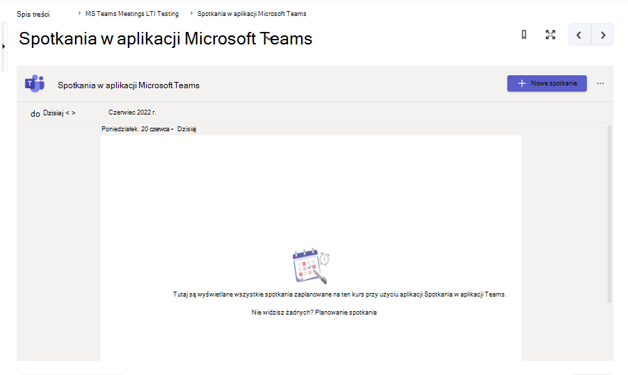 Zrzut ekranu z platformy D2L Brightspace LMS z otwartym oknem dialogowym Dodaj aktywność, w którym zaznaczono dodanie aktywności Spotkania Microsoft Teams.