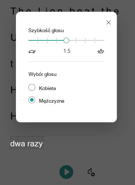Okno dialogowe opcji głosowych w czytniku immersyjnym dla aplikacji Microsoft Lens dla systemu iOS.
