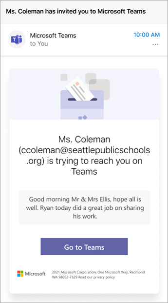 Zrzut ekranu na urządzeniu przenośnym przedstawiający zaproszenie nauczyciela do dołączenia do konwersacji w aplikacji Teams.