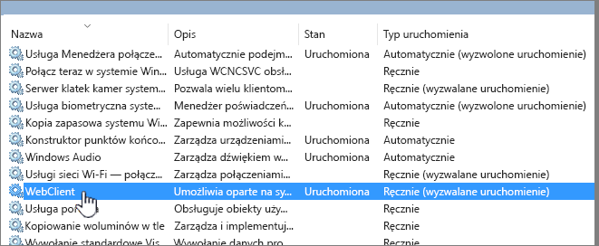 Witryna Services.msc z wyróżniona usługą WebClient