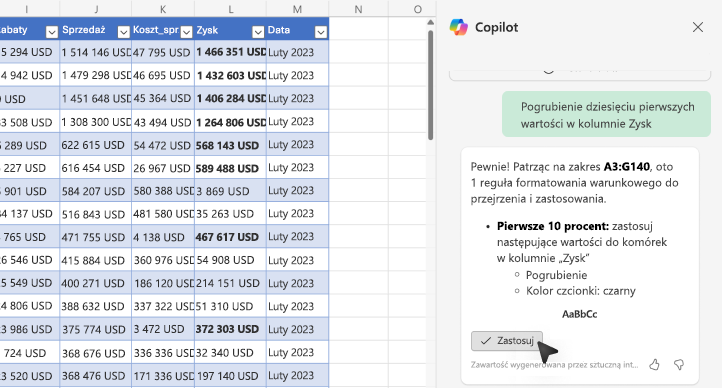 Zrzut ekranu przedstawiający sposób pogrubienia wartości przy użyciu funkcji Copilot w programie Excel.