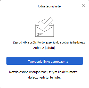 Po wybraniu pozycji Udostępnij listę aplikacja To Do tworzy link do zaproszenia do wysłania innym osobom.