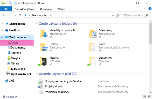 Okno Eksploratora plików systemu Windows z wyróżnionym przyciskiem "pulpit" w lewym okienku