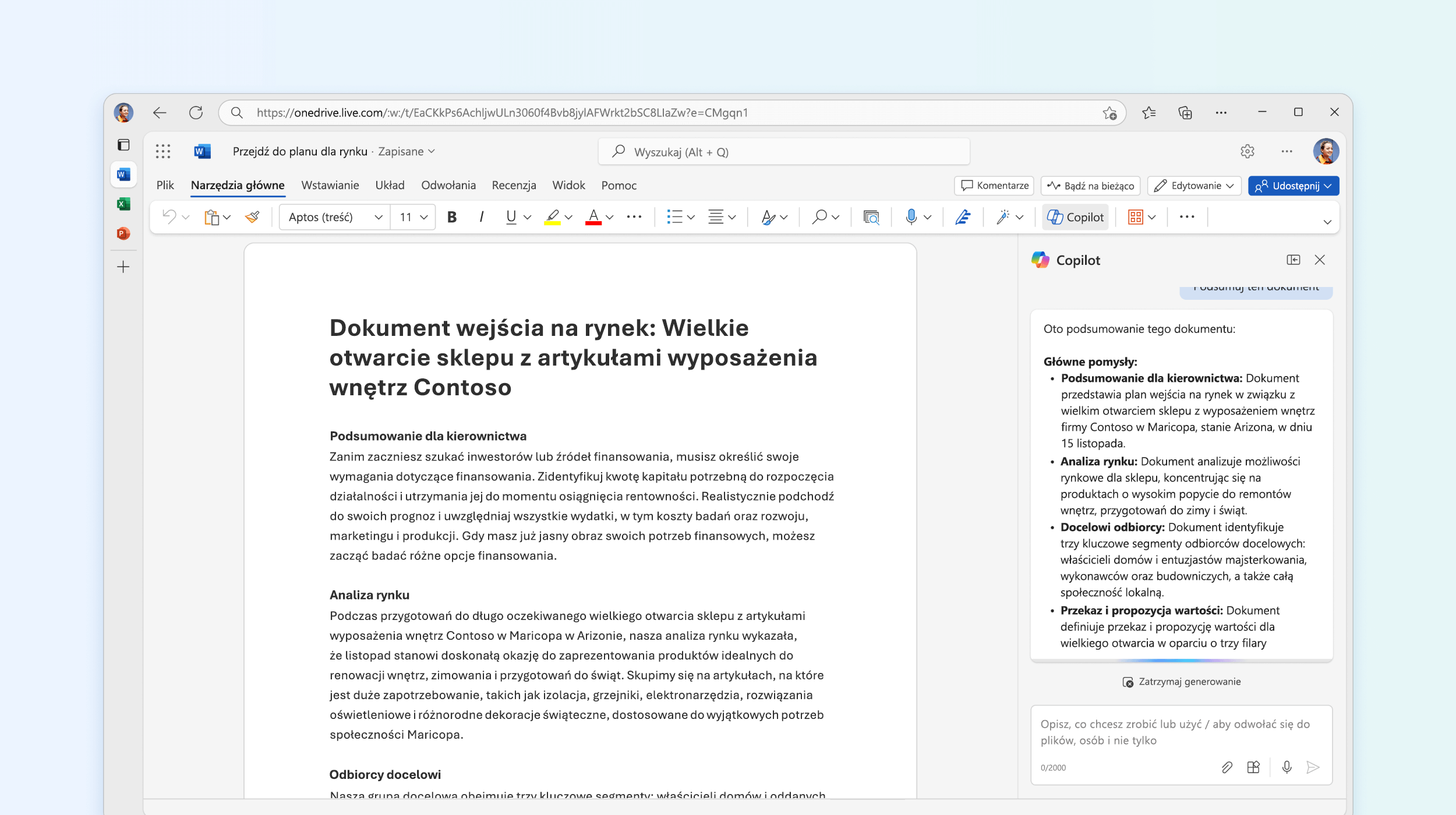Zrzut ekranu przedstawiający funkcję Copilot w programie Word podsumowującą dokument.