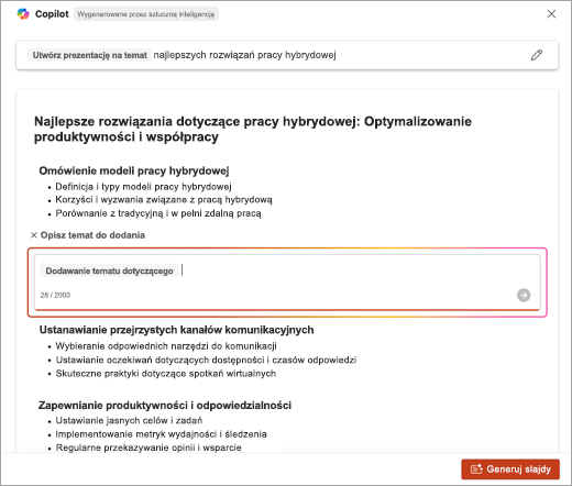 Zrzut ekranu przedstawiający lokalizację wprowadzania opisu tematu dodanego podczas korzystania z funkcji Copilot w programie PowerPoint.