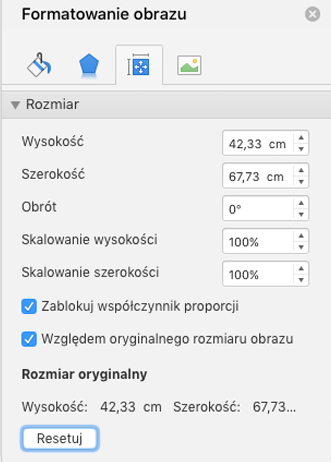Zrzut ekranu przedstawiający okienko Formatowanie obrazu w programie Excel, z wyróżnionym przyciskiem resetowania.