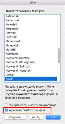 Ustawienie Wykryj automatycznie język w programie Outlook 2016 dla komputerów Mac