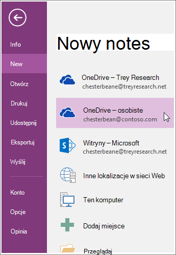 Zrzut ekranu przedstawiający sposób tworzenia nowego notesu programu OneNote.