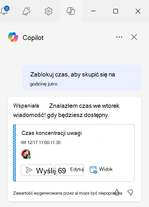 Zrzut ekranu przedstawiający sposób korzystania z bloków fokusu z asystowanym planowaniem czatu w programie Outlook.