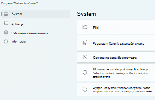 Przedstawia stronę główną Podsystem Windows dla systemu Android (TM).