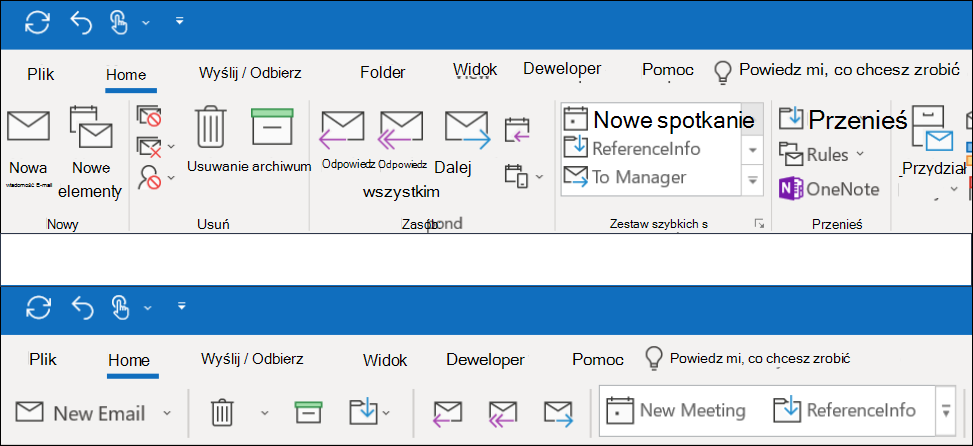 Teraz możesz wybrać jedną z dwóch różnych funkcji wstążki w programie Outlook.