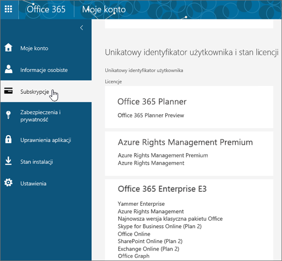 Strona subskrypcji usługi Office 365