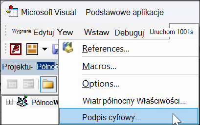 Microsoft Visual Basic for Applications okno z wybraną opcją Podpis cyfrowy w menu rozwijanym.