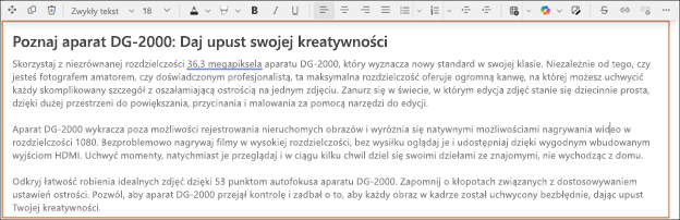 Po — przykład użycia funkcji dopasuj tonację z funkcją Copilot w edytorze tekstu sformatowanego programu SharePoint