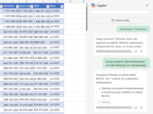 Zrzut ekranu przedstawiający sposób sortowania danych przy użyciu funkcji Copilot w programie Excel.