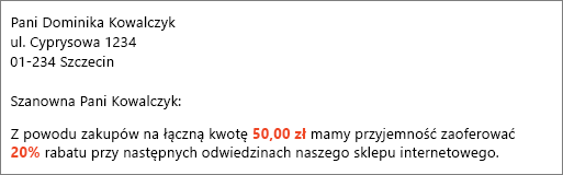 Dokument korespondencji seryjnej zawiera tekst w formacie „wkład wynosi 50,00 zł” i „oferujemy 20% rabatu”.