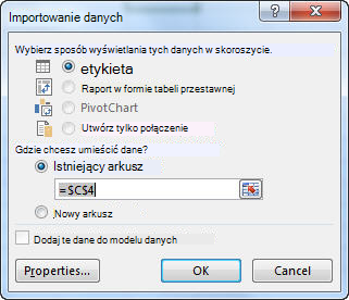 Okno dialogowe Importowanie danych w programie Excel