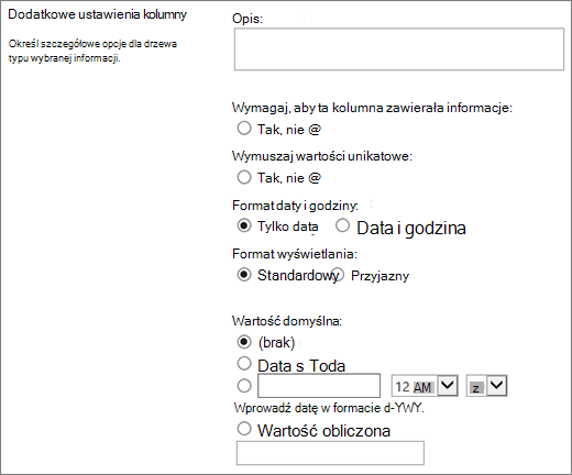 Opcje dla kolumny daty godziny