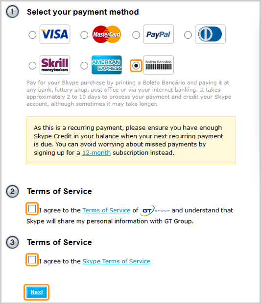 Okno płatności Skype. Boleto Bancário jest wybrana jako metoda płatności. Pola wyboru obok warunków użytkowania grup GT i Skype zostaną zaznaczone. Zostanie zaznaczony przycisk Dalej.