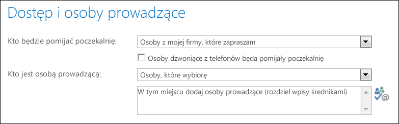 Zrzut ekranu: okno dialogowe Dostęp i osoby prowadzące