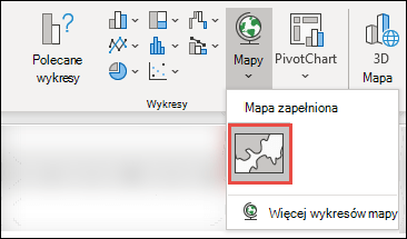 Aby wstawić wykres mapy, zaznacz dowolną komórkę w zakresie danych, a następnie przejdź do karty Wstawianie > wykresy > Mapy > wybierz ikonę Mapa wypełniona.