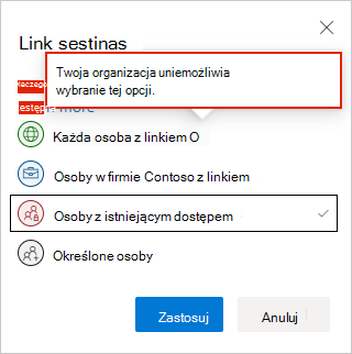 Ustawienia linków internetowych usługi OneDrive