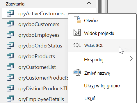 Opcje menu wyświetlane po kliknięciu prawym przyciskiem myszy z obiektu zapytania w bazie danych programu Access z wybraną opcją Widok SQL
