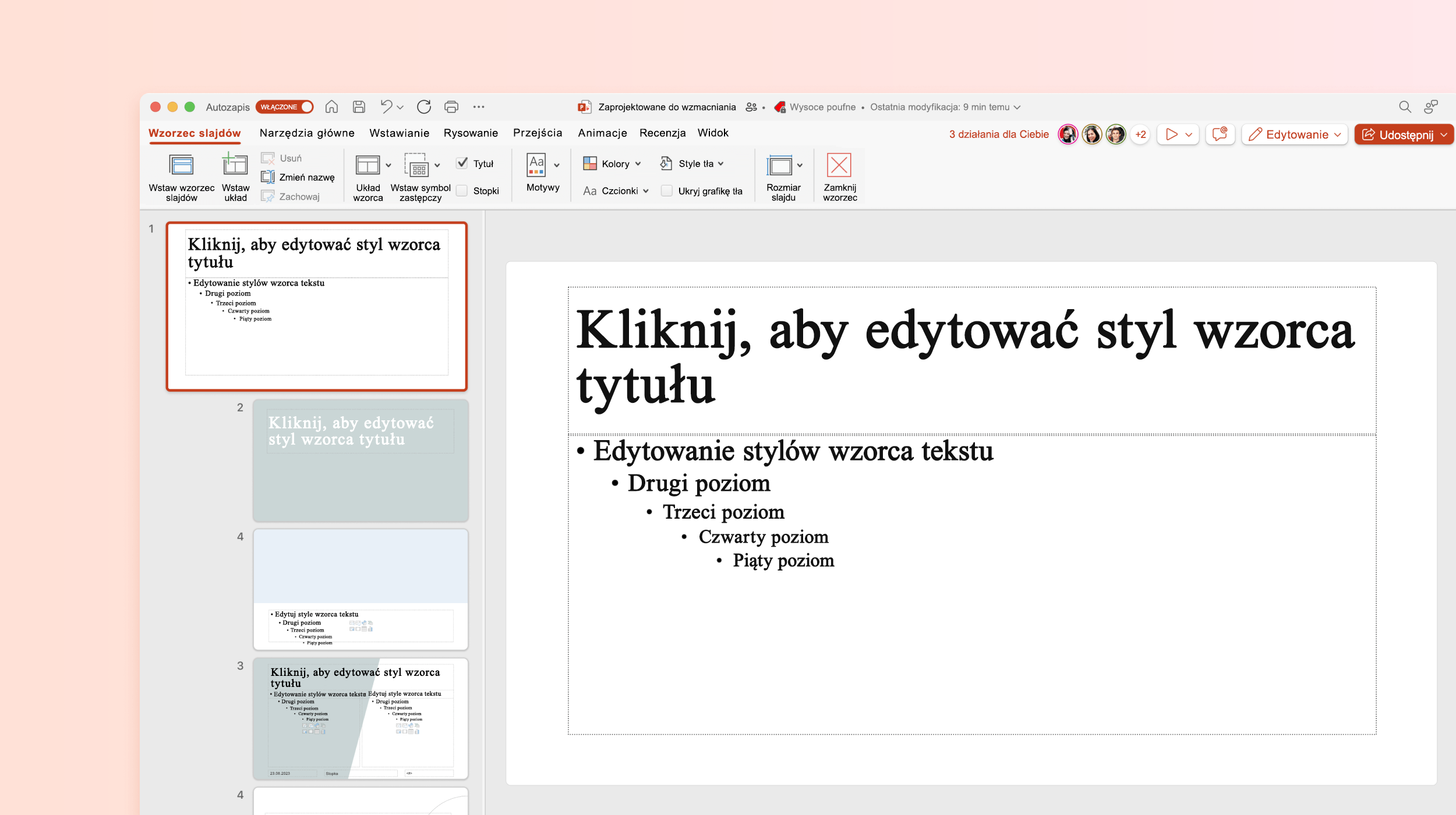 Zrzut ekranu przedstawiający wzorzec slajdu w szablonie programu PowerPoint.