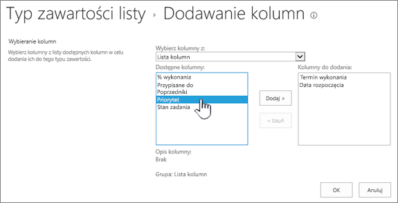 Strona Dodawanie kolumn z wyróżnioną pozycją dostępne kolumny