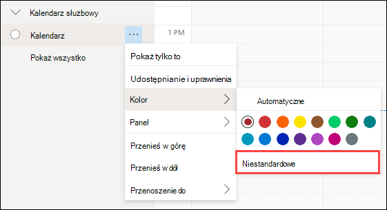 Niestandardowe wybieranie kolorów kalendarza w aplikacji Outlook Web