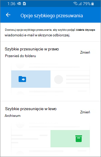 Ustawianie opcji szybkiego przesuwania w aplikacji Outlook Mobile