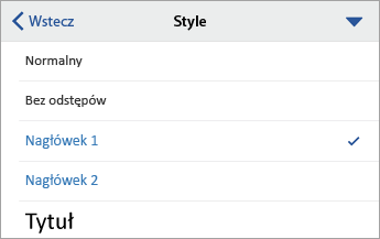 Okno dialogowe Style z wybraną pozycją Nagłówek 1.