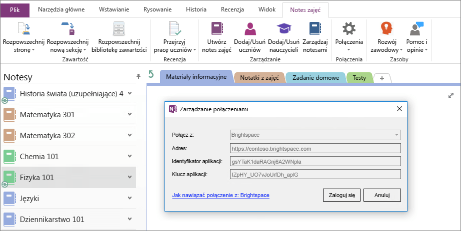 Zrzut ekranu przedstawiający Connections okno dialogowe dodatku Notes zajęć w programie OneNote z włączoną zasady grupy.
