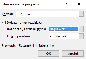 Aby dodać numery rozdziałów do podpisów, użyj okna dialogowego numerowania.