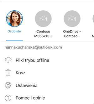 Zrzut ekranu przedstawiający przełączanie między kontami w aplikacji OneDrive w systemie iOS