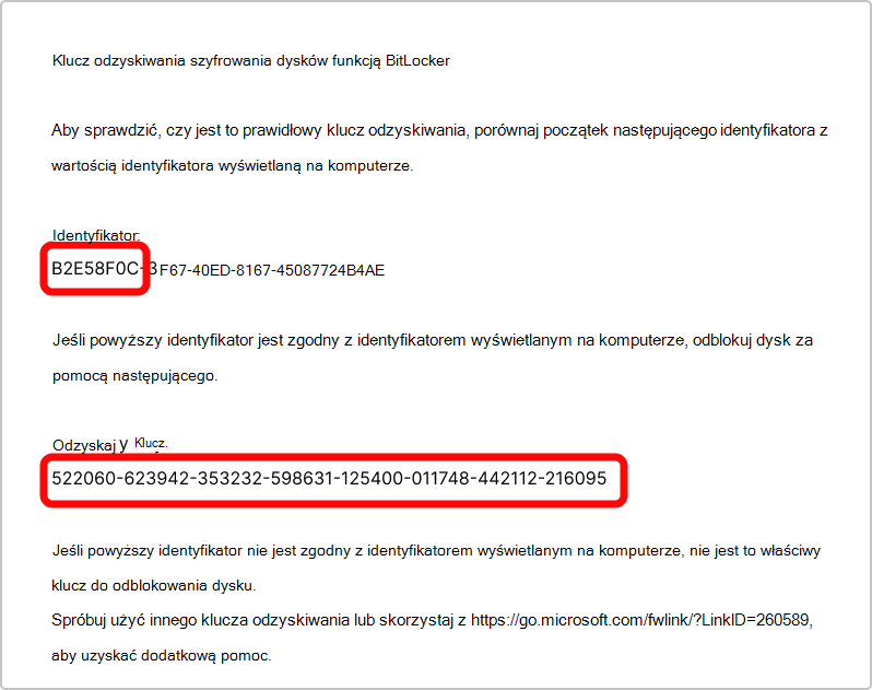 Zrzut ekranu przedstawiający wydruk klucza odzyskiwania funkcji BitLocker.