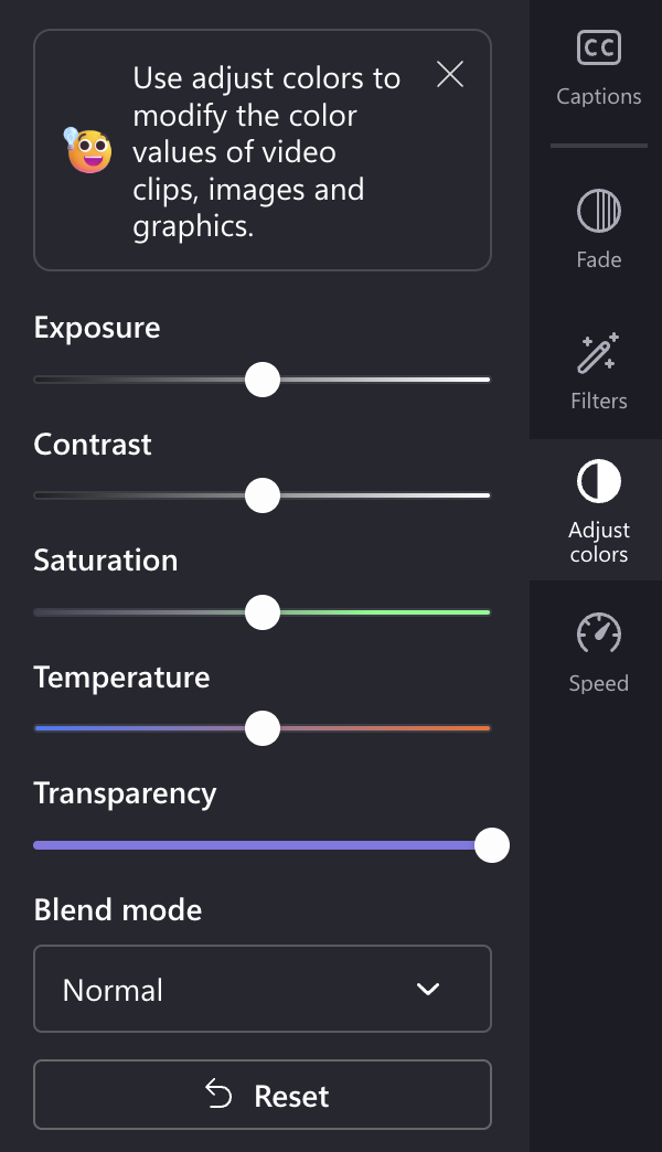 Obraz ustawień kolorów w aplikacji Clipchamp