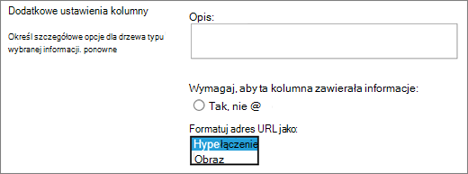 Opcje kolumn obrazów/hiperlinków