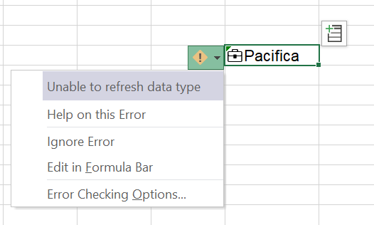 Etykietka narzędzia z wyświetlonym błędem odświeżania typu danych