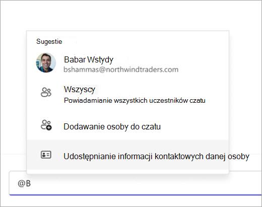 Zrzut ekranu przedstawiający sposób ciągnięcia kontaktu w celu udostępnienia przy użyciu @mention.