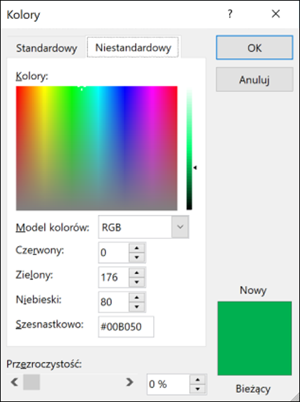 Selektor kolorów w aplikacjach pakietu Office. W polach RGB znajduje się nowe pole, w którym można wprowadzić szesnastkową wartość koloru.