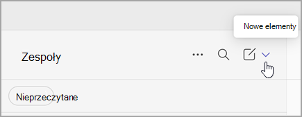 Zrzut ekranu przedstawiający opcję wybierania nowych elementów z osobnego widoku. Znajduje się on po prawej stronie, powyżej listy zespołów i kanałów.