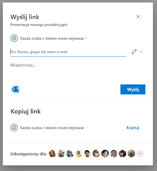 Zrzut ekranu przedstawiający stronę Ustawienia łącza w wyskakującym okienku Udostępnianie w usłudze OneDrive
