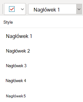 Menu Style z różnymi stylami nagłówków w programie OneNote dla Windows 10.