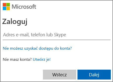 Zrzut ekranu logowania się do konta Microsoft