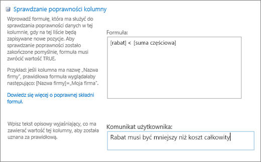 Okno dialogowe sprawdzania poprawności kolumny z polami wypełnionymi danymi przykładowymi