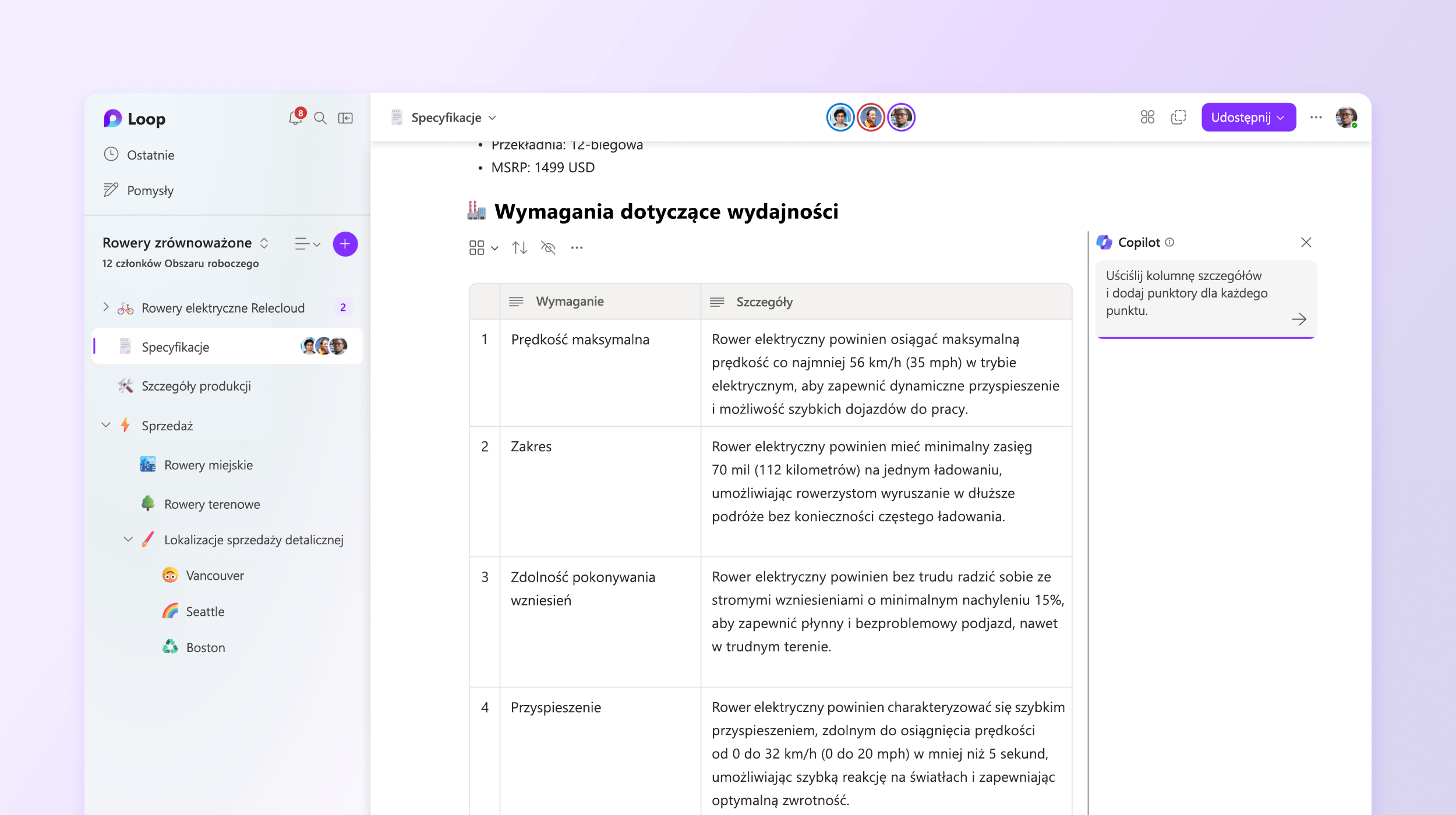 Zrzut ekranu przedstawia funkcję Copilot w aplikacji Loop edytującą szczegóły.