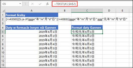 Obraz stosowania formatu Gannen za pomocą funkcji TEKST: = TEKST(A1,$B$2), gdzie komórka B2 zawiera ciąg formatu Gannen.