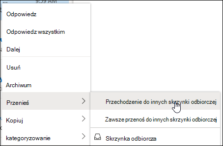 Zrzut ekranu przedstawiający menu wyświetlane po kliknięciu prawym przyciskiem myszy z opcjami Przenieś do innej skrzynki odbiorczej i Zawsze przenoś do innej skrzynki odbiorczej.